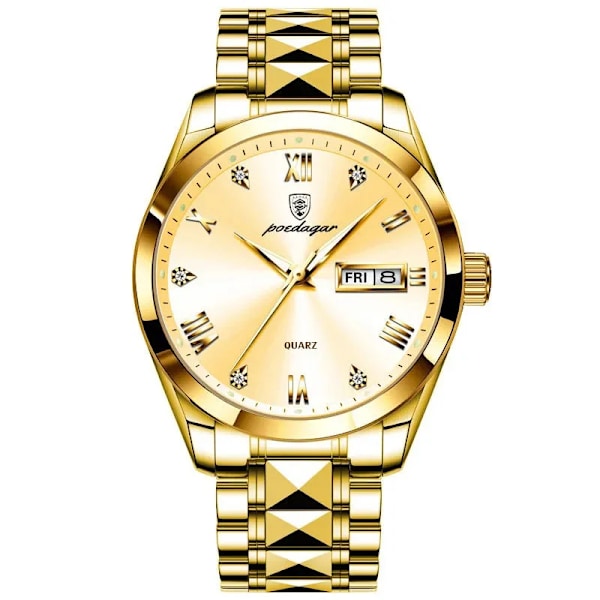 POEDAGAR Klockor i lyxstil Herr 2023 Mode Rostfritt stål Vattentät kalendervecka Quartz Gold Watch For Man Reloj Hombre GG