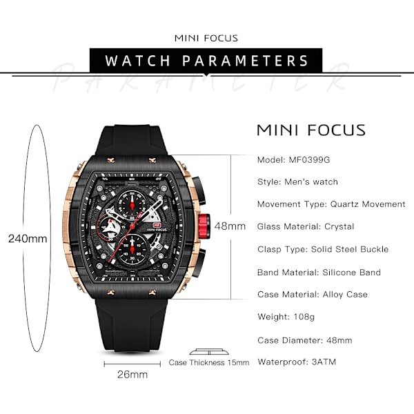 Herrklockor Mode Sport Watch för män Lyxigt toppmärke Vattentäta armbandsur Svart silikonarmband Relogio Masculino MF0399G03B