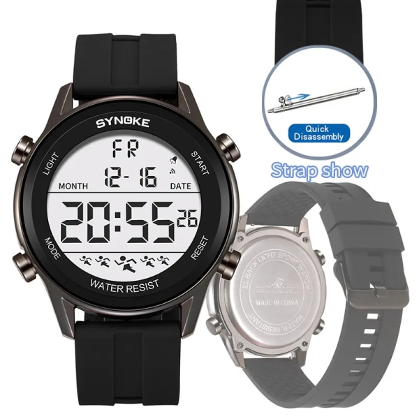 SYNOKE Lättläst Watch Stora siffror Coola klockor 50M Water Resist LED Ultratunna elektroniska armbandsur Military reloj hombre Black watch