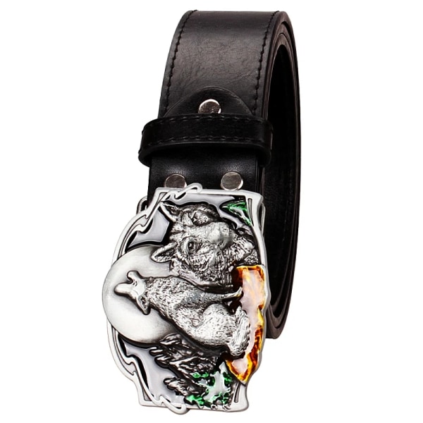 Northerner Wolf Head Metal Spänne Bälte Herr Coyote Wolf's Howl Totem Strap Hane Läder Jeans Midjeband Present till Man Type 9 115CM