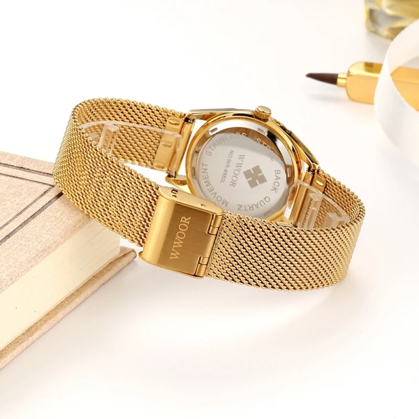 WWOOR Lyx Märke Klänning Guld Klocka Watch Elegant Diamond Small Quartz Armbandsur För Kvinnor Steel Mesh Klocka zegarek damski blue