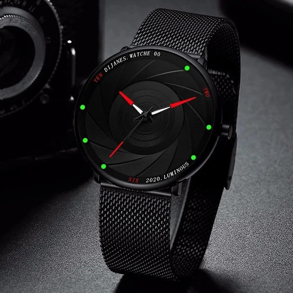 Minimalistiska herrmodeklockor Ultratunt rostfritt stål Mesh -bälte Quartz Watch Herr Casual Läderklocka reloj hombre Mesh Black Red
