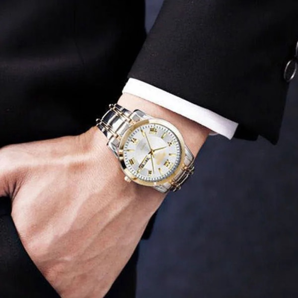 Watch män i rostfritt stål Business Dateklocka Vattentät lysande klockor Herr Lyx Sport Quartz Watch Silver Black