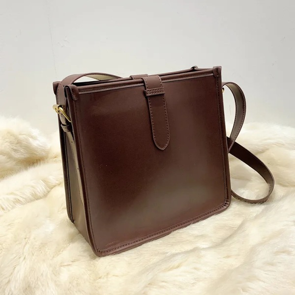 Ny Elegant Mode Kvinnor Bucket Bag Stor Kapacitet PU Läder All-match Axelväskor Dam Textur Enfärgad Handväska brown (20cmMax Length30cm)