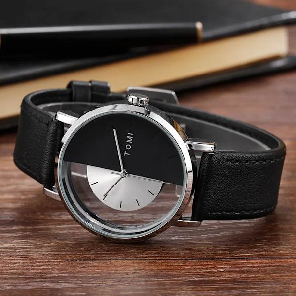 Unik Creative Halv Transparent Unisex watch klocka För män Kvinnor Par Nörd Snygga Läder Armbandsur Mode Quartz watch DESIGN 3 (D)