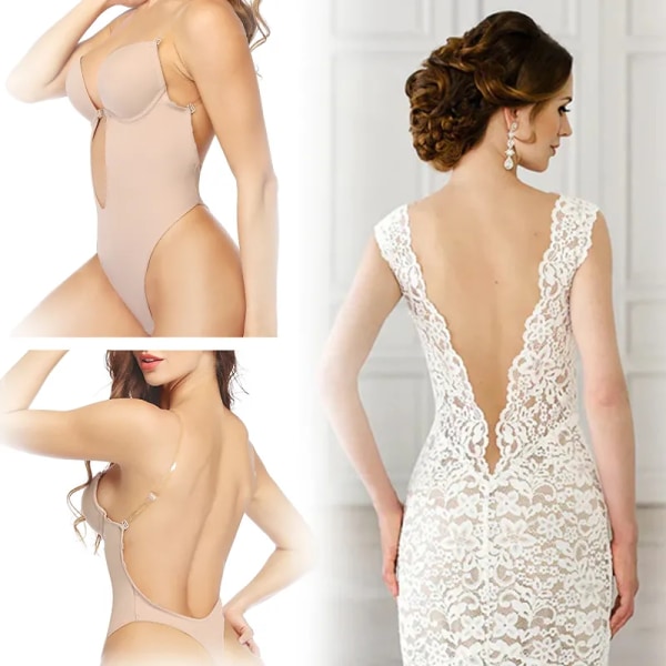 Sexig Djup V-hals Rygglös Body Shaper BH Body String String Shapewear Dam Naken Svart Osynlig Magkontroll Underkläder Bröllop Brown M