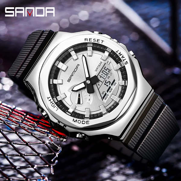 SANDA Brand 2023 Herrklockor Dual Display Digital Quartz Armbandsur 50m Vattentät Sport Watch Relogio Masculino Gold