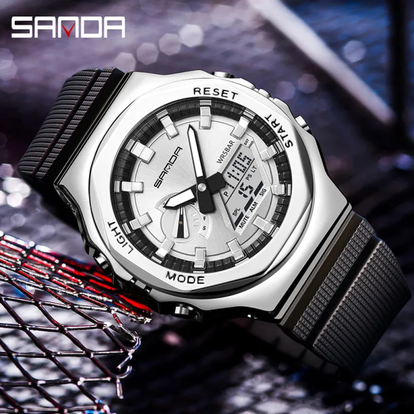 SANDA Brand 2023 Herrklockor Dual Display Digital Quartz Armbandsur 50m Vattentät Sport Watch Relogio Masculino Silver