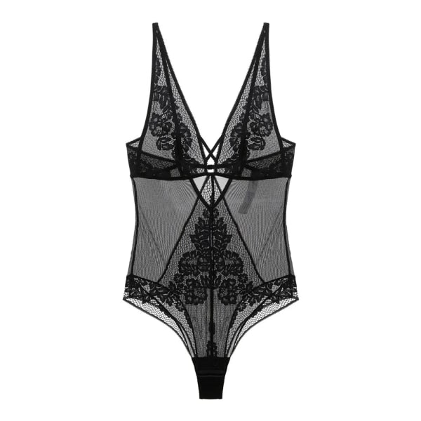 Sexig spetsbody Damunderkläder i ett stycke Deep V Slim Fit BH Trosor Kostym Push Up Underkläder för kvinnor Black M (34or75ABC)