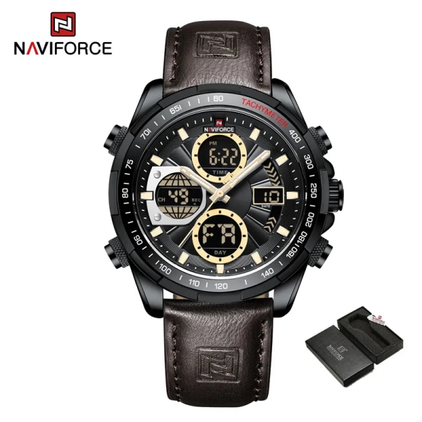 Nya original NAVIFORCE Business Luxury Läder Klockor Herr Sport 3ATM Vattentät LCD Display Watch För Man Quartz Armbandsur BYBDN-BOX