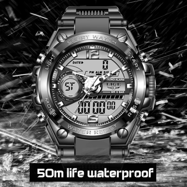 LIGE Watch för män Toppmärke 50 m vattentät armbandsur LED-väckare Watch Casual för män Man Relogios Masculino Silver black