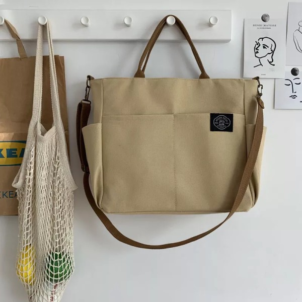 Hylhexyr Dam Retro Stora Väskor Bomulls Canvas Axelväska Mode Crossbody Handväska Dragkedja Casual Tote Multi Pocket Khaki