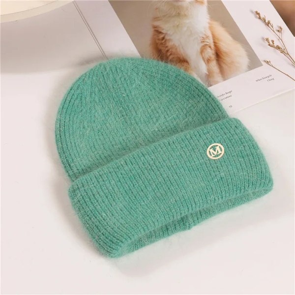 Uspop Nya Dammössor Vinter Tjocka Varma Stickade Mössor Enfärgad Bokstav M Mjukt Hår Skullies Beanies Green elastic 53-59 cm