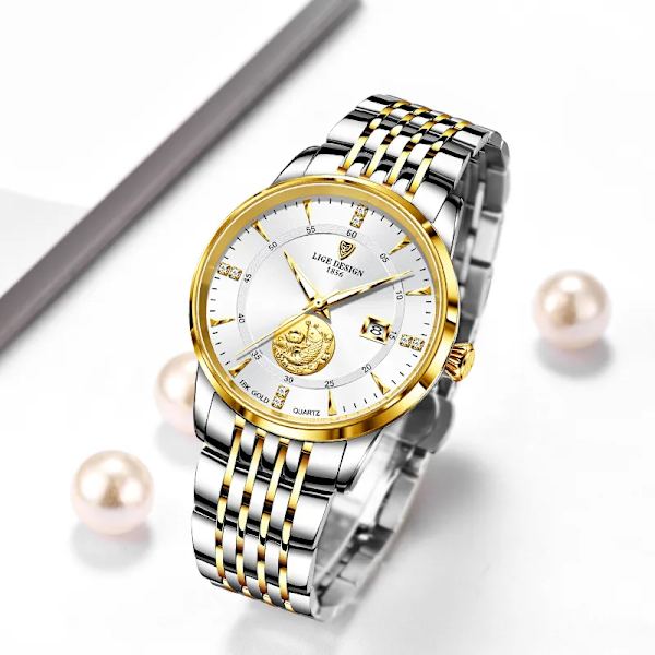 LIGE Watch Lyxmärke Mode Watch Elegant Guld Stål Armbandsur Casual Damklocka Vattentät Montre Femme Ny golden black