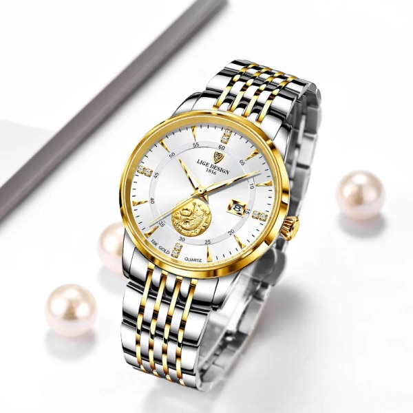 LIGE Watch Lyxmärke Mode Watch Elegant Guld Stål Armbandsur Casual Damklocka Vattentät Montre Femme Ny golden blue