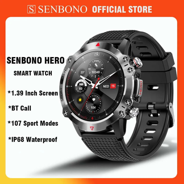 SENBONO HERO Smart Watch för män Utomhus Sport Bluetooth Call Watch 1,39 tums skärm 450mAh IP68 Vattentät Smartwatch Herr Dam black add a strap