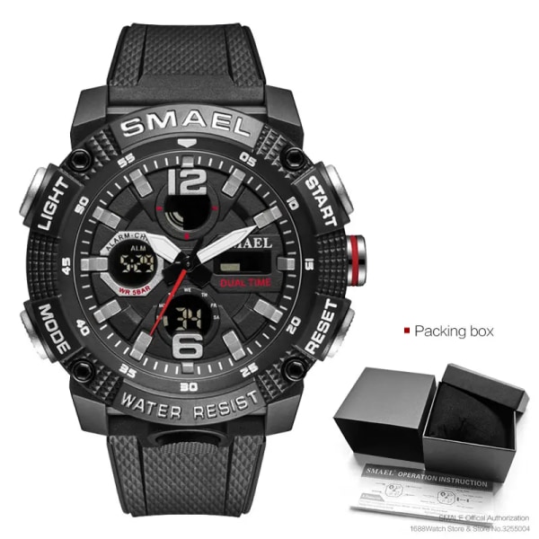 SMAEL Dual Time LED Display Digital watch för män Vattentät Simning Quartz Sportklockor Auto Date Alarm Clock Armbandsur 8039 Black-Box