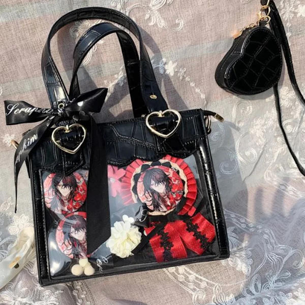 HAEX Kawaii Ita-väskor Dammode japansk stil Harajuku Lolita Ribbon Crossbody-axelväskor PU Small Heart Bolso Mujer Cao 24x20x11cm