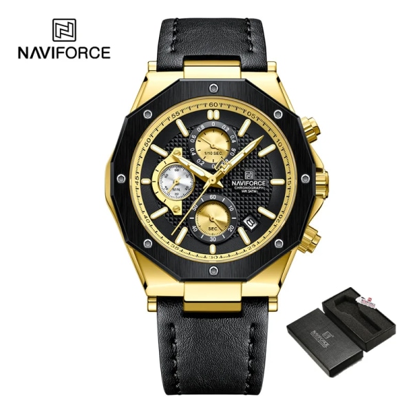 NAVIFORCE Fashion Quartz Klockor för män Läderarmband Sport Chronograph Watch Auto Date Vattentät Lysande Manklockor GBB-BOX