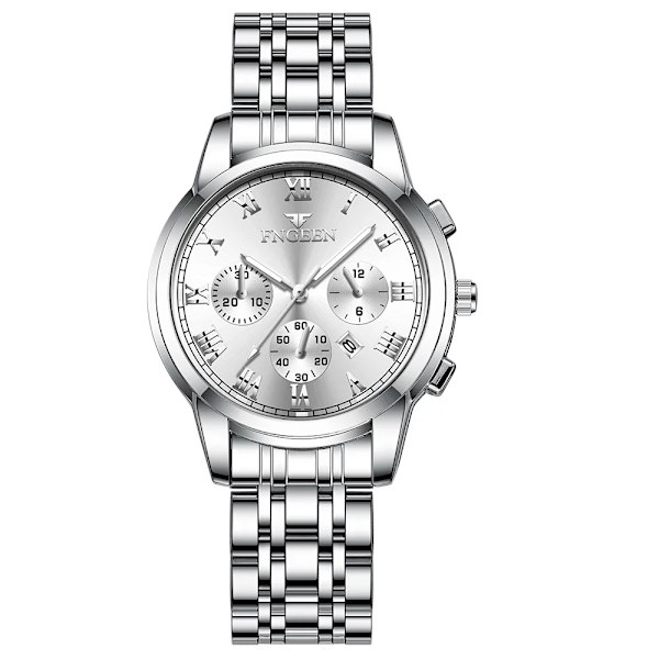 Watch i rostfritt stål Lyxigt mode i rund form Quartz Rostfritt stål hopfällbart armband Damvattentät Date Armbandsur Silver White