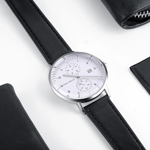 MINI FOCUS Mode Herrklockor Toppmärke Lyx Quartz Watch Date Window Armbandsur Brun Äkta läderrem reloj hombre BO BN RG WHITE