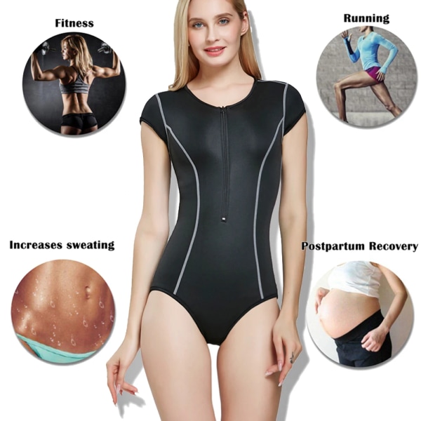 Neopren Bastu Full Body Shaper Control Trosor Body Shaper Sweat Suit Ärmar Baddräkt Body Dam Kortärmad One-Piece Black M Waist 77-84cm