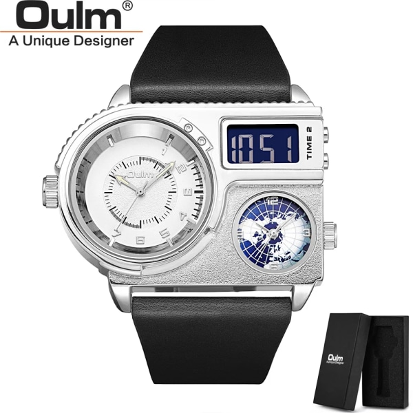 Oulm 5026 New Dual Display Två tidszon Watch Man Big Dial Quartz Clock Timmar Herr Armbandsur i äkta läder silver with box