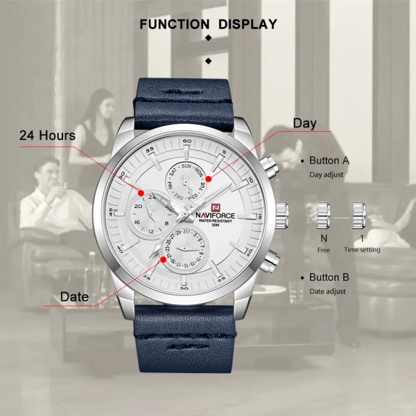 Herrklockor NAVIFORCE Toppmärke Lyx Vattentät 24 timmar Date Quartz Watch Man Mode Läder Sport Armbandsur Watch Black