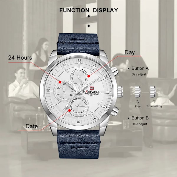 Herrklockor NAVIFORCE Toppmärke Lyx Vattentät 24 timmar Date Quartz Watch Man Mode Läder Sport Armbandsur Watch Rose Gold Bule