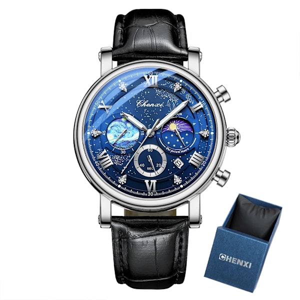 CHENXI Herrklockor Top Märke Lyx Läder Kronograf Watch För Herr Mode Date BusinessVattentät självlysande klocka Silver Blue Box