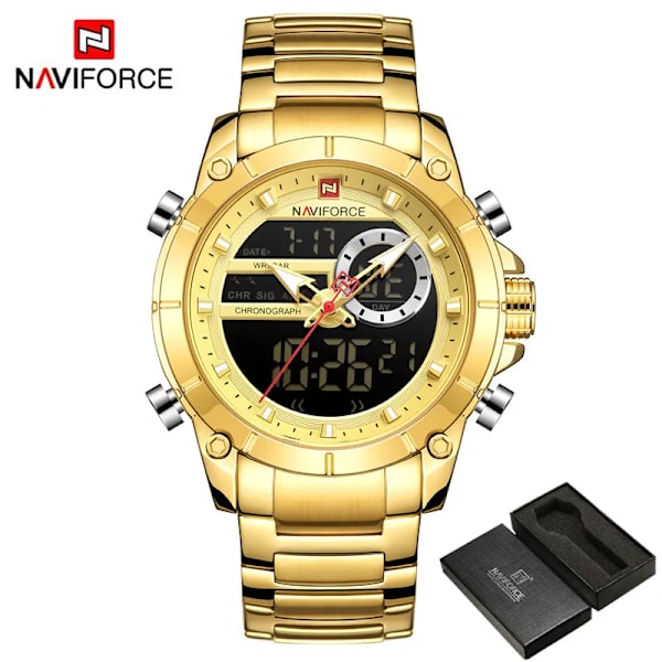 NAVIFORCE Top Brand Lyx Watch Herr Vattentät Quartz Digital Led Man Klocka Militär Sport Rostfritt stål Man Armbandsur 9163 NA916303 with box