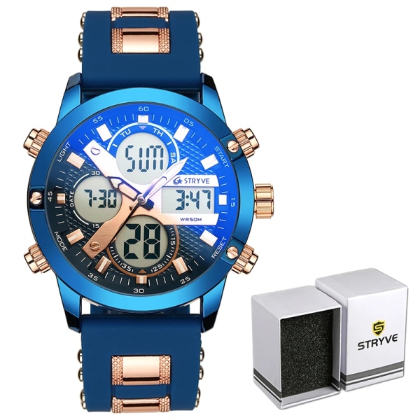 STRYVE 8021 Märke Herr Sportarmbandsklockor Militär gummi- och metallbälte Vattentät Date Week Elektronisk klocka Digital Quartz Watch blue gold