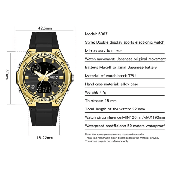 SANDA Luxury Ms LED Digital Watch Mode Casual Watch Kvinnor Flicka Militär Vattentäta Armbandsur Montre Dames 6067 Black Gold