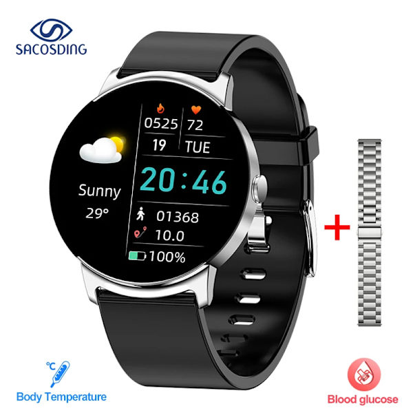 NY Glukos Smart Watch Herr Blodtryck Blod Syre Kroppstemperatur Pulslarm IP68 Vattentät Smartwatch Dam Silver steel