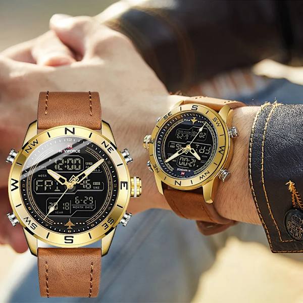 Lyxmärke Herr NAVIFORCE 9144 Army Military Watch Digital Läder Sport vattentäta Klockor Kvarts Herrklocka Relogio Masculino BEBEBE BOX