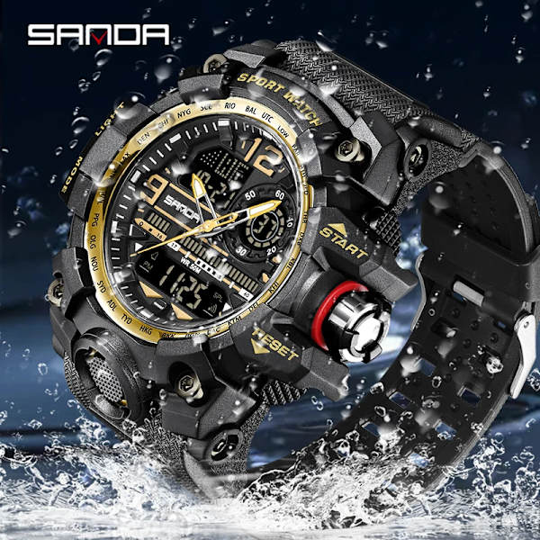 SANDA Mode Herrklockor LED Sport Vattentäta Klockor Herr Topp Lyxmärke Digital Man Quartz Watch Relogio Masculino 3132 black red