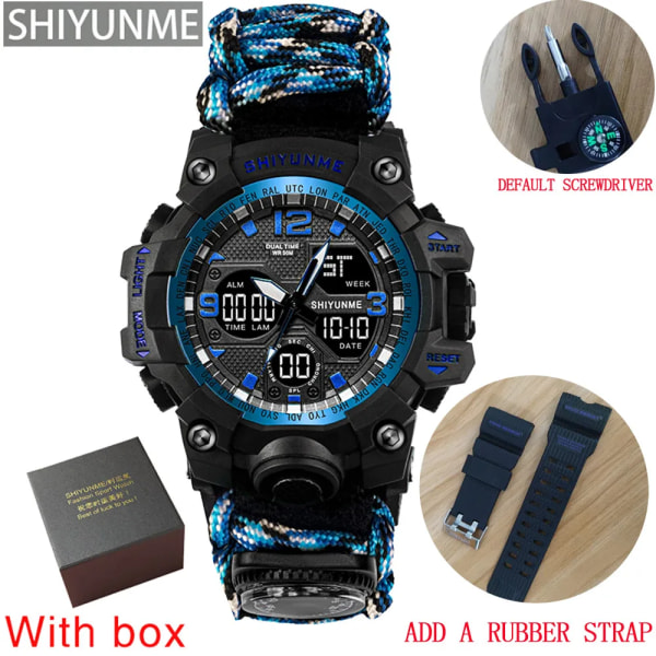 Utomhus Survival Military Watch Vattentät Multifunktionell Survival Kit Militär Taktisk Paracord Watch Compass Watch blue with box strap