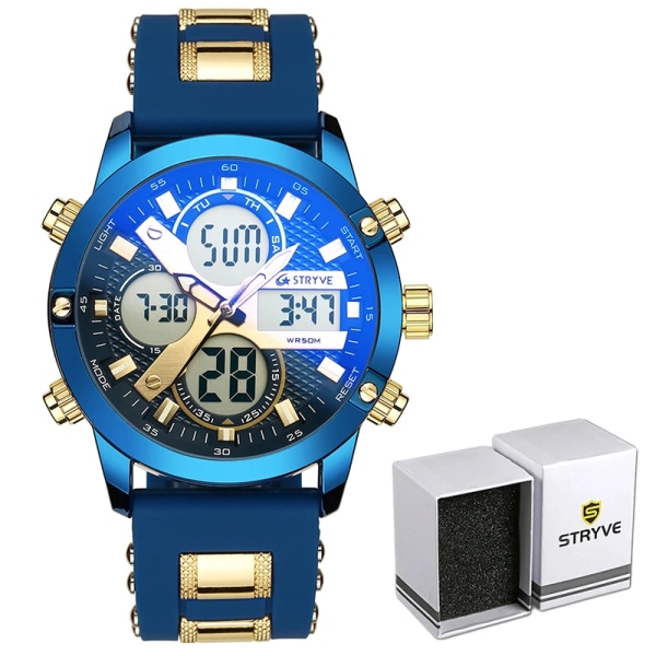 STRYVE 8021 Märke Herr Sportarmbandsklockor Militär gummi- och metallbälte Vattentät Date Week Elektronisk klocka Digital Quartz Watch blue gold with box