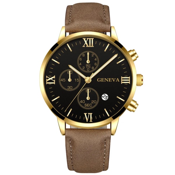 Mode Genève Män Datum Legering Case Syntetiskt Läder Analog Kvarts Watch Man Klocka Toppmärke Lyx Relogio Masculino 14 Brown-Gold-Black