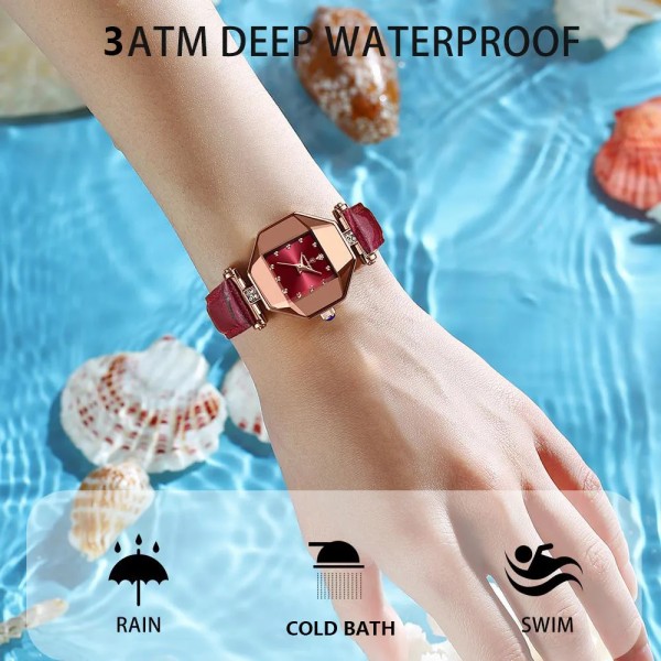 2022 Luxury Quartz Watch Girl's Elegant Fashion Red Dial Waterproof Dam Läderklockor Kvinnor Hög kvalitet Zegarek Damski Hot Rose Gold