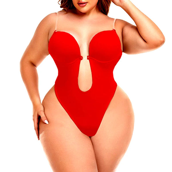 AfruliA Damklänning Rygglösa Bodysuits Shapewear Vadderad BH Helkroppsformare Sömlösa underkläder Stringtrosa Djup V-ringad Slipshorts hot red M (34)