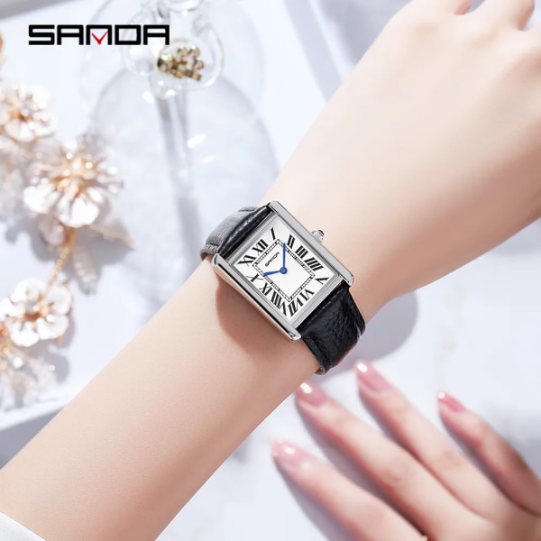 Sanda Brand Rektangulära Armbandsur För Kvinnor Silver Case Lyx Märke Äkta Läder Band Quartz Clock Zegarek Damski Black