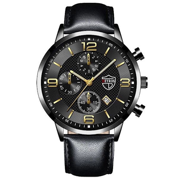 Lyx Herr Klockor i rostfritt stål Mode Herr Affär Läder Watch Man Kalender Datum Lysande klocka relogio masculino Leather Black Gold