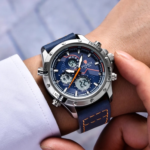 2023 Ny Dual Display Herrklockor Lyx Sport Vattentät Kvarts Elektronisk Watch För Män Mode Läder Lysande Kronograf L Black and red
