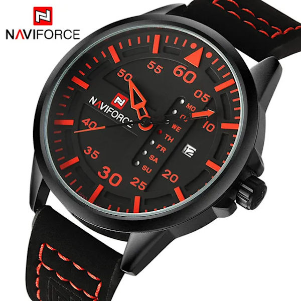 NAVIFORCE Lyxmärke Herr Army Militärklockor Herr Quartz Dateklocka Man Läderarmband Watch Relogio Masculino Black Red