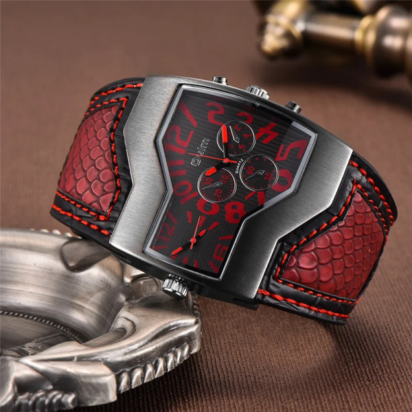 Oulm Classic Style Two Time Zone Herrklockor PU Läder Armbandsur Man Quartz Clock Casual Man Timmar relogio masculino red