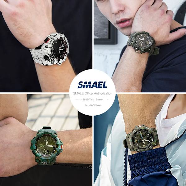 SMAEL Dual Time Watch för män Mode Vattentät Quart Digital Armbandsur Väckarklocka LED Bakgrundsbelysning Kalenderklockor 8008 Camo Gray-Box