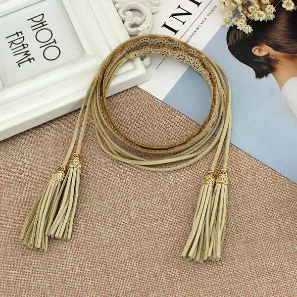 Heta dambälten Mode nationell stil ihålig tofs knuten slipsbälte tunn midjekedja Dam midjeband Klänning Accessoarer Beige 170cm