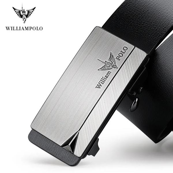 WILLIAMPOLO berömda märkesbälte män högsta kvalitet äkta läder lyxdesigner manliga automatiska spännbälten för män 105-130cm Silver-20213 110cm