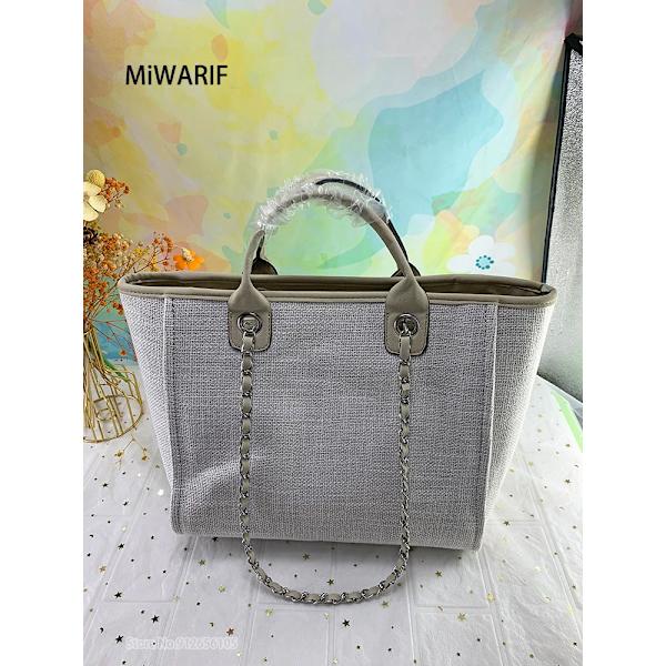 Dam Kedja Tygväska Designer Kvinnlig Axelväskor Casual Strand Canvas Fritid Handväskor Damväska Trend Medium Beige
